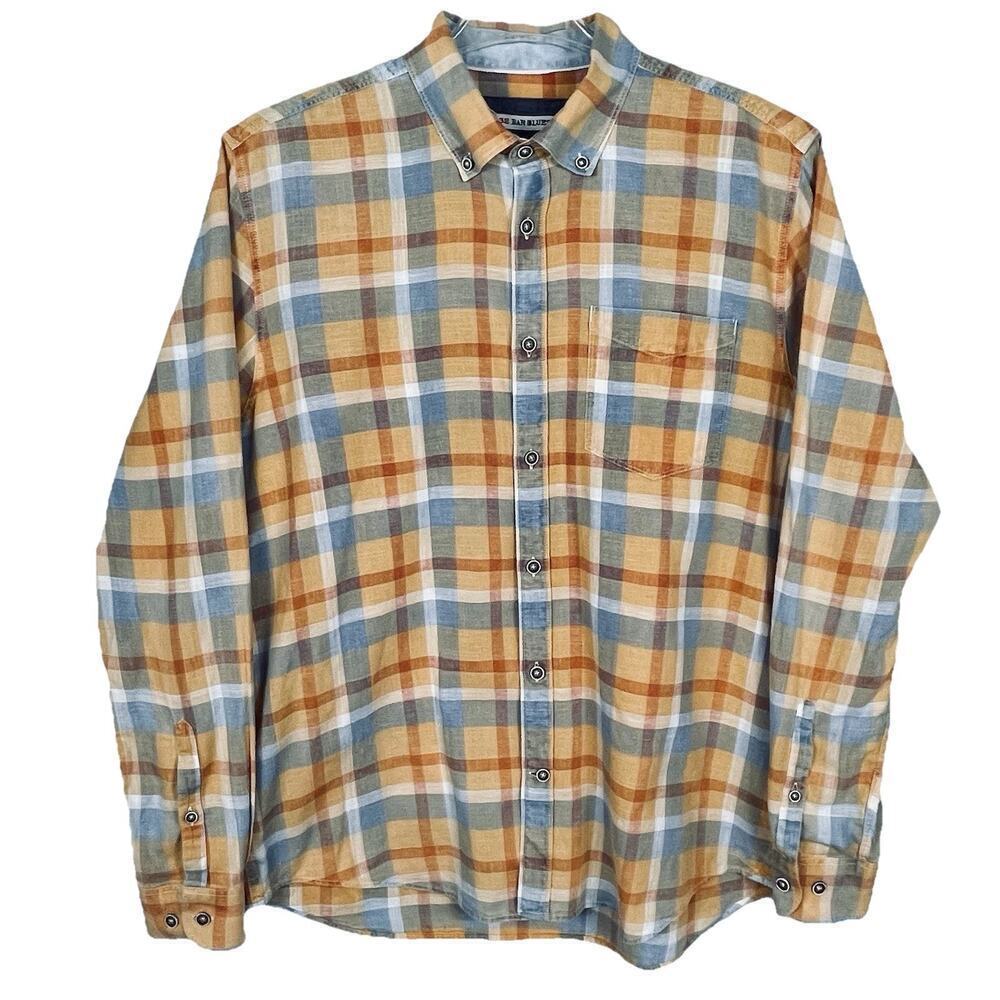 32 Bar Blues Slub Cotton Shirt Size Medium Blue Orange Plaid Casual Preppy